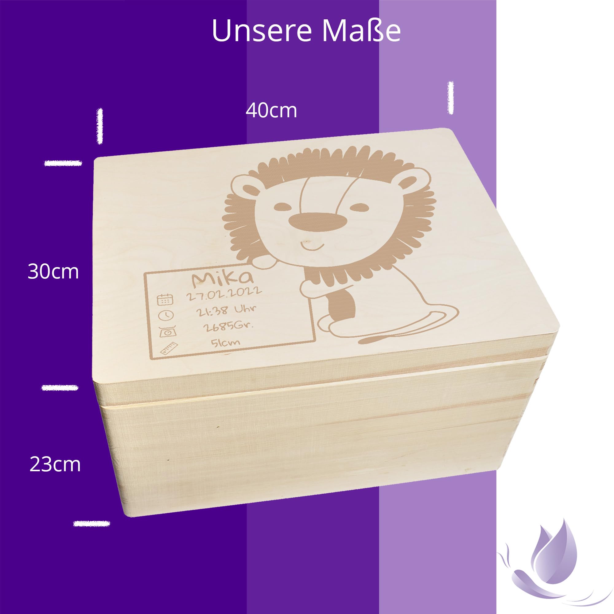 Scatola dei ricordi personalizzata per neonati e bambini con incisione leone, scatola in legno per bei ricordi, 40 x 30 x 23 cm
