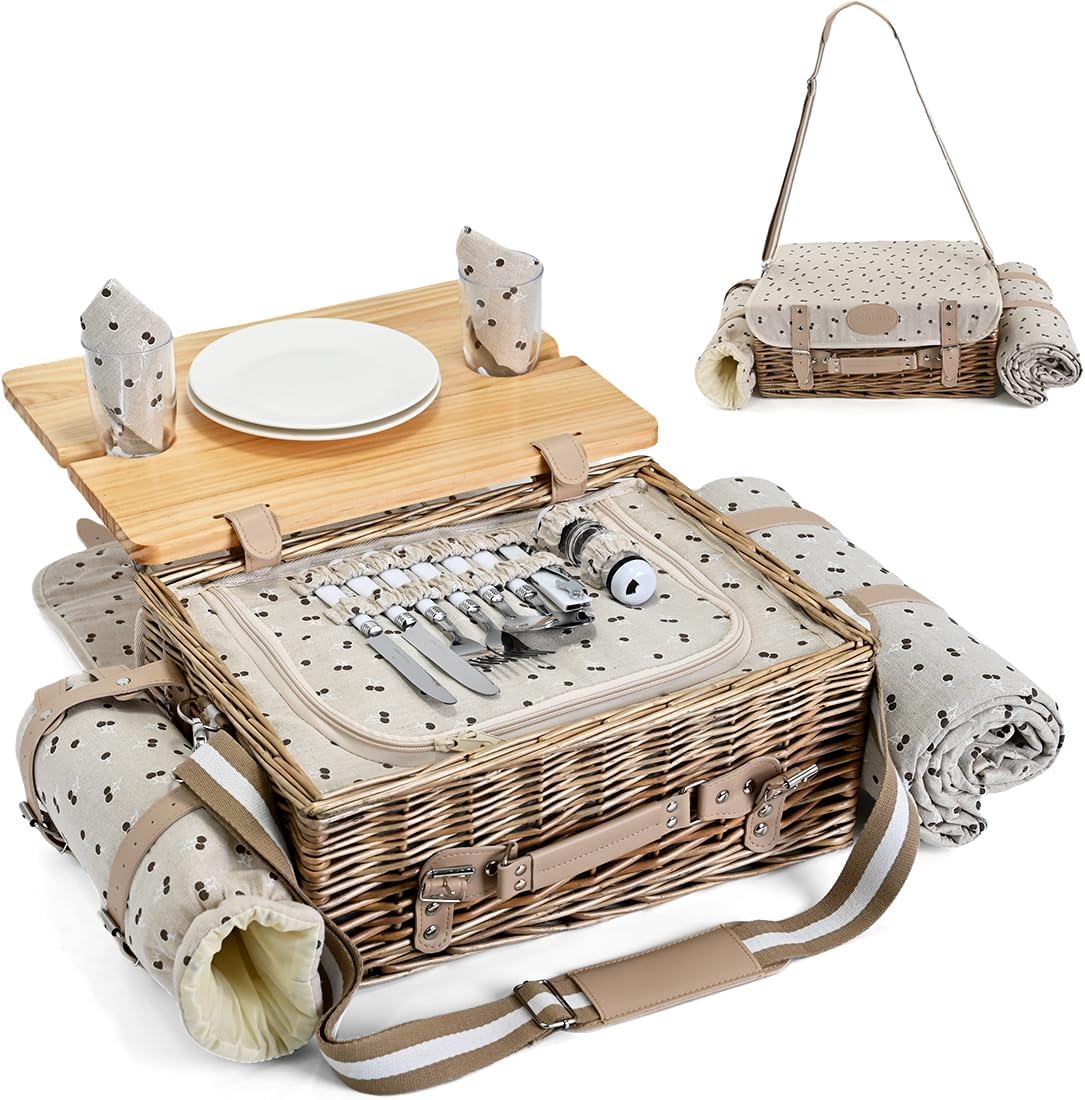 Multifunctional Wicker Picnic Basket Set for 2 with Blanket and Picnic Table, Insulated Picnic Set with Full Tablewares for Camping Outdoor Couples,Cherry