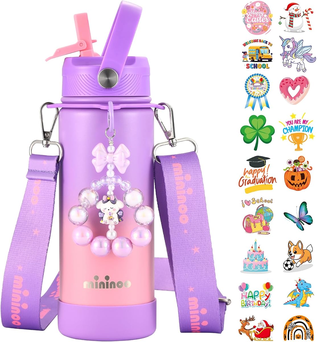 Mininoo Botella de agua aislada de acero inoxidable para niños para la escuela con tapa de pajita y correa, 50 pegatinas, 18 oz (púrpura/rosa)