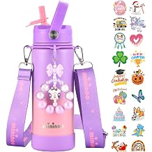 Mininoo Insulated Stainless Steel Kids Water Bottle for School with Straw Lid &amp; Strap, 50 Stickers, 18 oz(Purple/Pink)