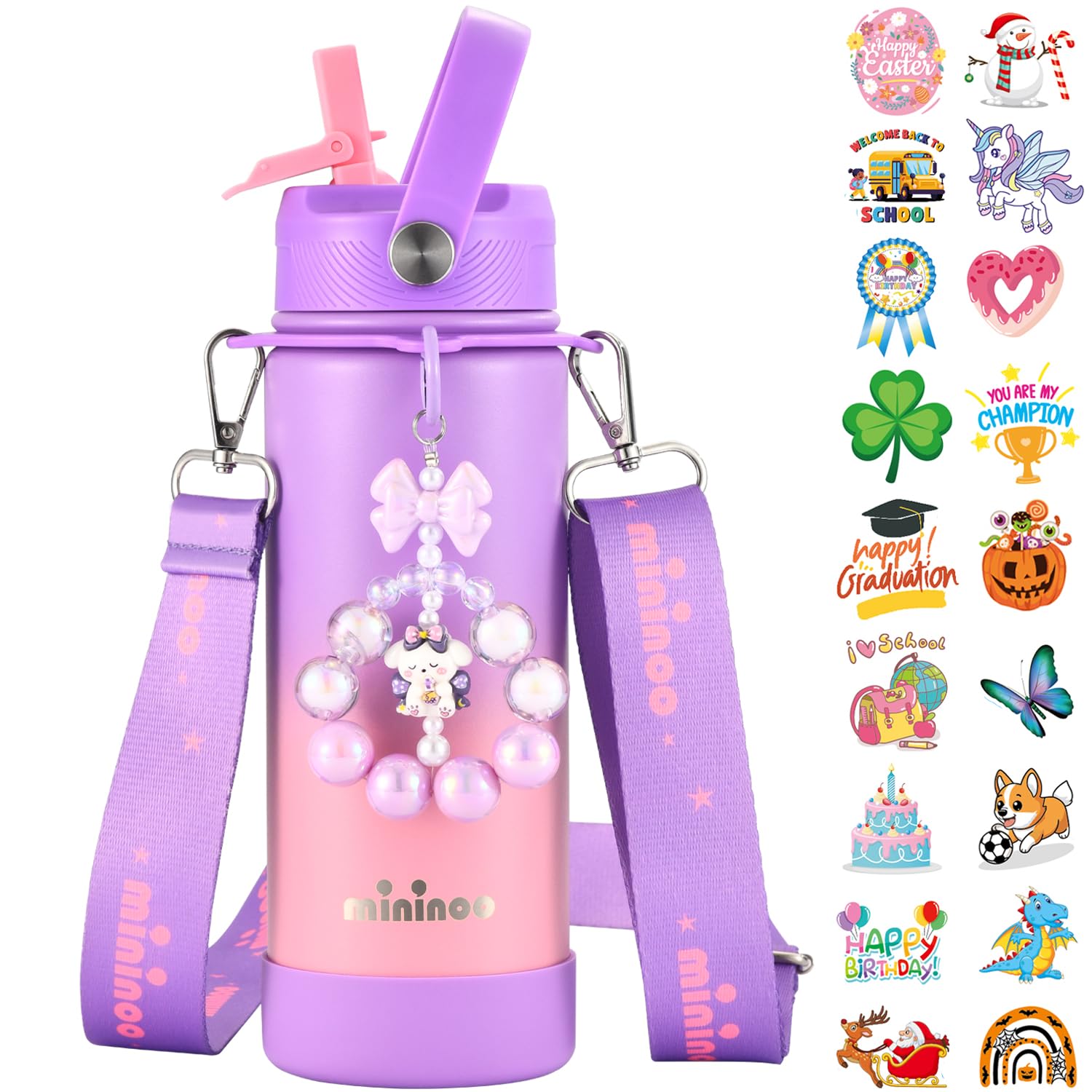 Mininoo Insulated Stainless Steel Kids Water Bottle for School with Straw Lid Strap 50 Stickers 18 oz Purple