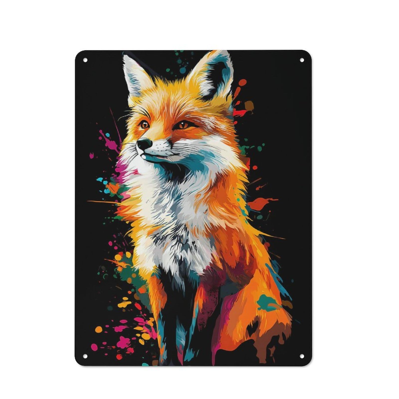 Junmoney Colorful Fox Portrait On Black Background Metal Plaque 40X30cm With For Pub Or Café, Rustic Decor, For Pub Decor Enthusiasts