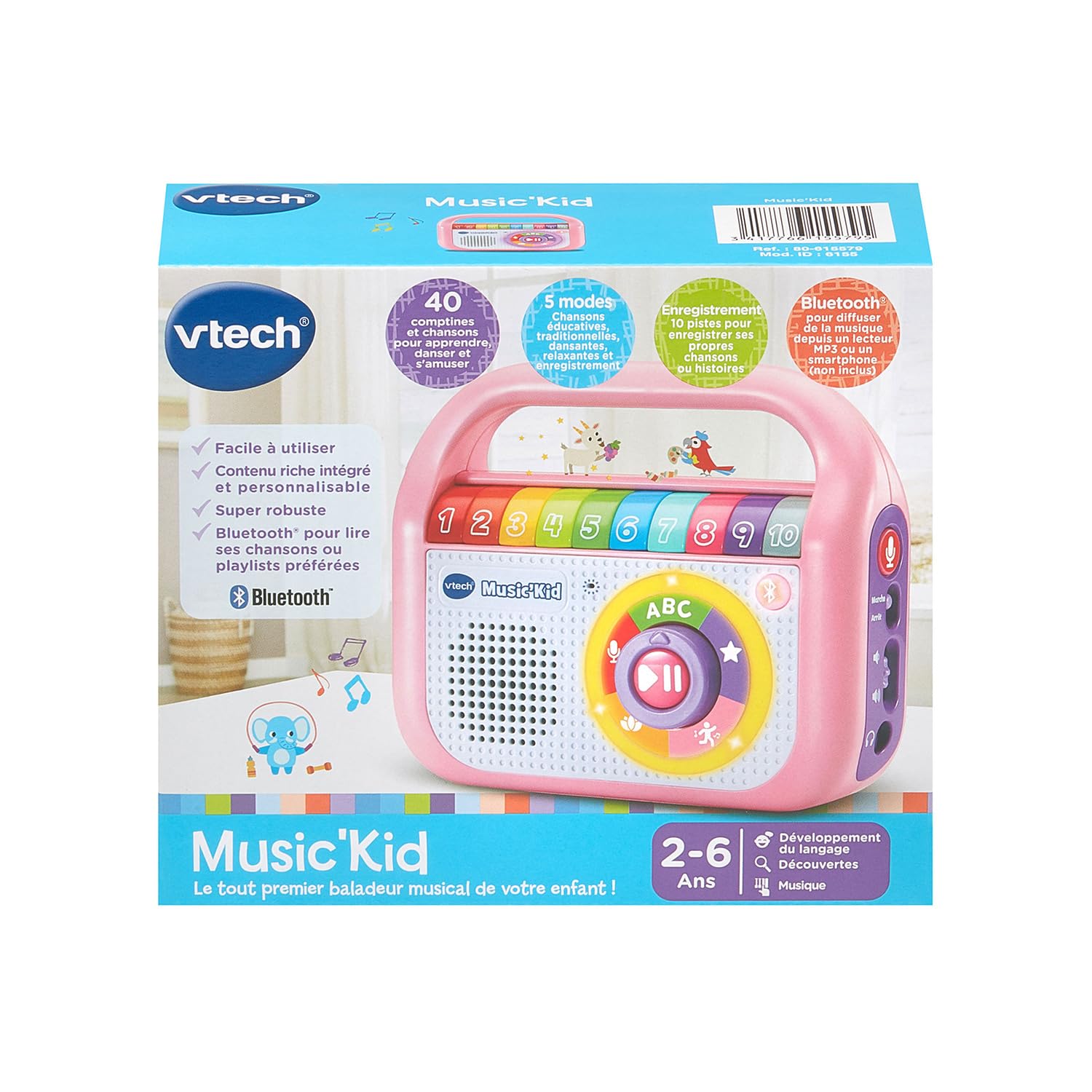 VTech - Music'Kid Rose, Baladeur Musical Enfant, Enceinte Bluetooth Lumineuse avec Comptines, Chansons Éducatives et Relaxantes, Enregistreur Vocal, Cadeau Enfant Dès 2 Ans - Contenu en Français