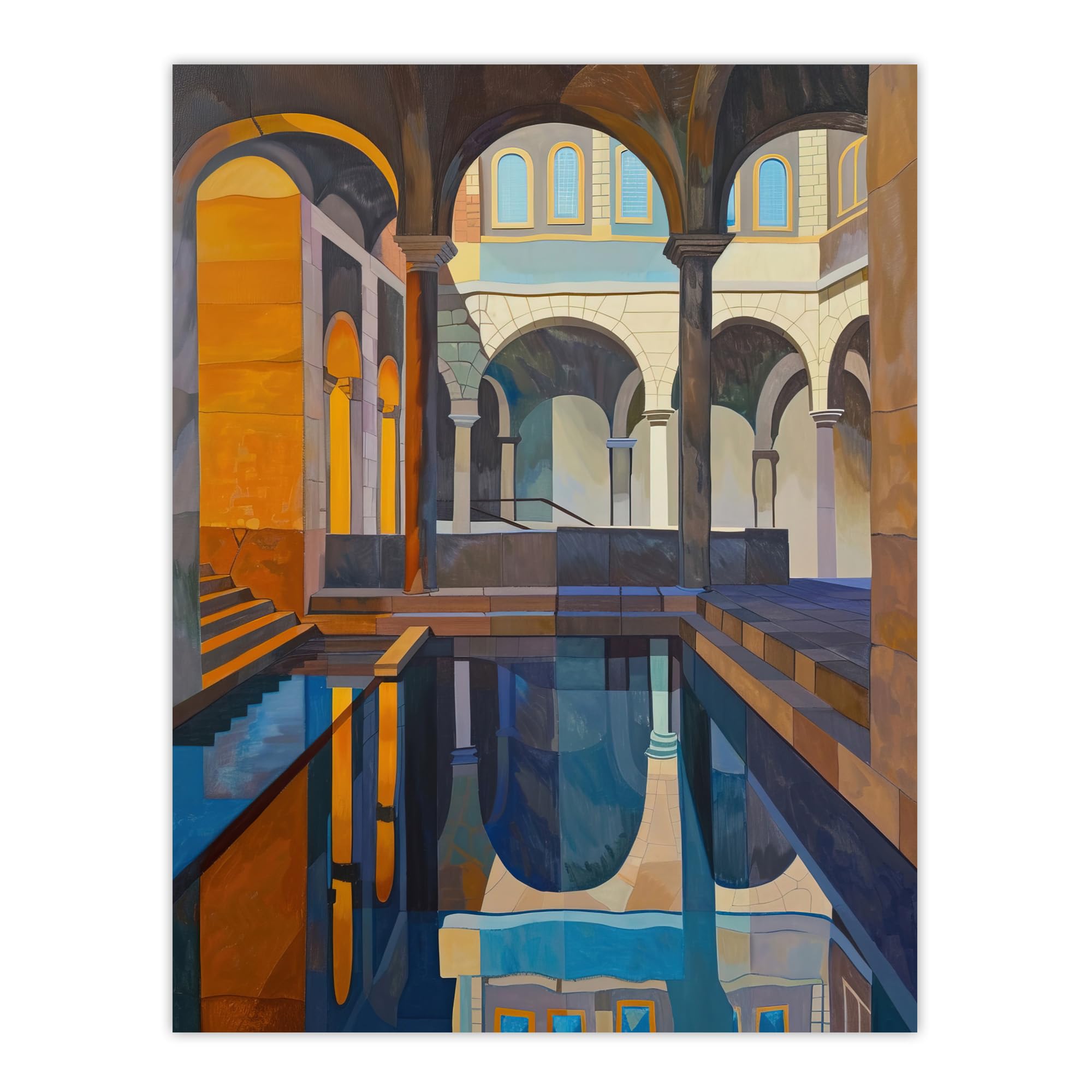 Artery8 Roman Bath Architecture Water Reflection Painting Living Room Extra Large XL Wall Art Poster Print