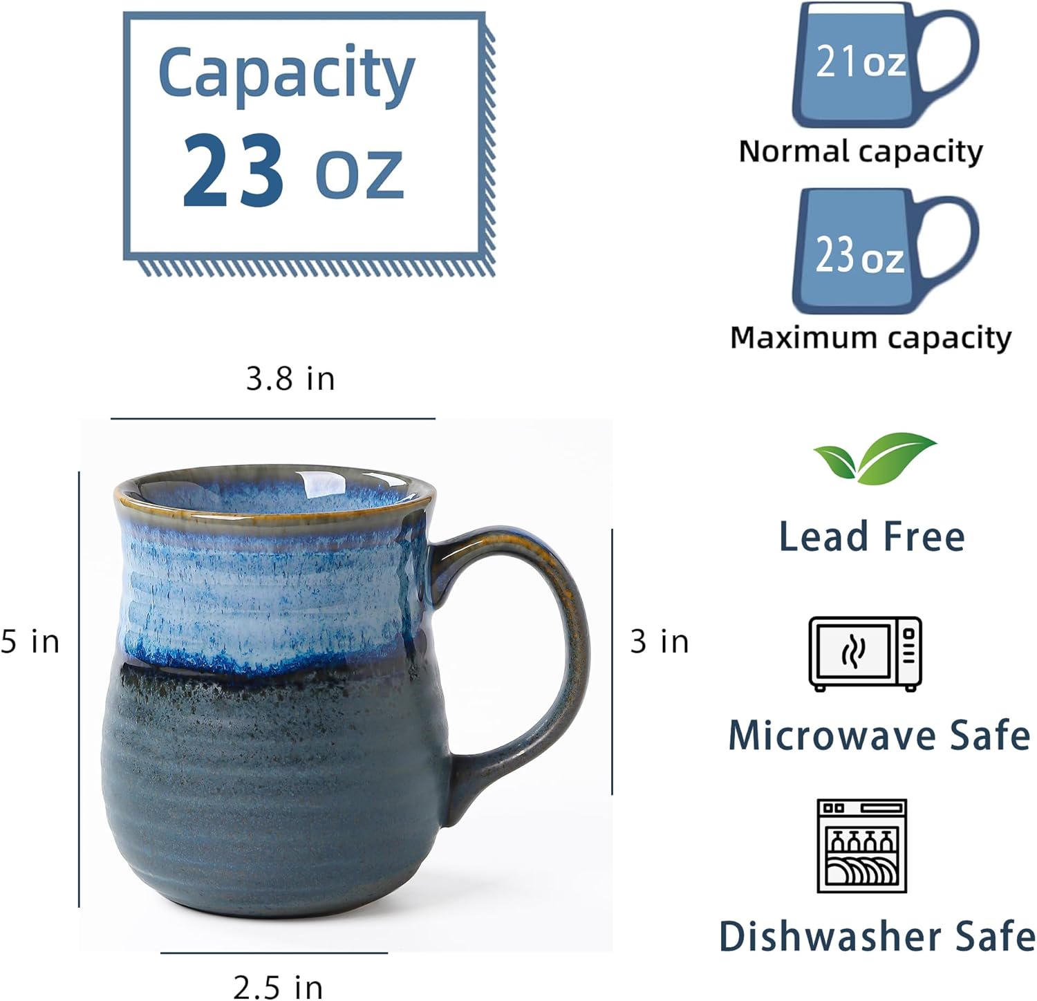 23 oz Large Ceramic Coffee Mugs, Handmade Cup with Large Handle, Big Tea and Coffee Cups for Office and Home, Microwave and Dishwasher Safe (Blue Grey) - Image 2