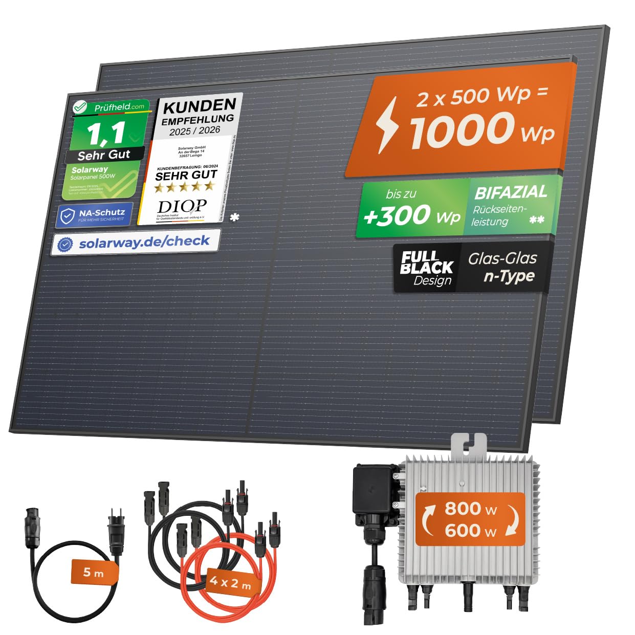 Solarway® 1000Wp / 800W Balkonkraftwerk - Deye SUN-M80G4-EU-Q0 800 Watt Wechselrichter - Komplettset mit 500W Solarmodulen, Wechselrichter & Zubehör – steckerfertige Mini-Solaranlage für die Steckdose