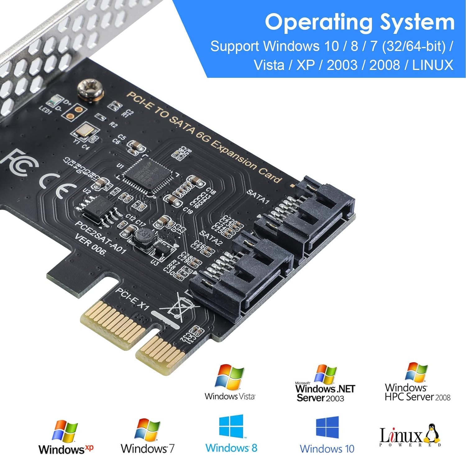 Tarjeta de Expansión SATA III con 2 Puertos Tarjeta Controladora SATA para PCI-Express 1x 4X 8X 16x Compatible con Windows, Ubuntu, Vista