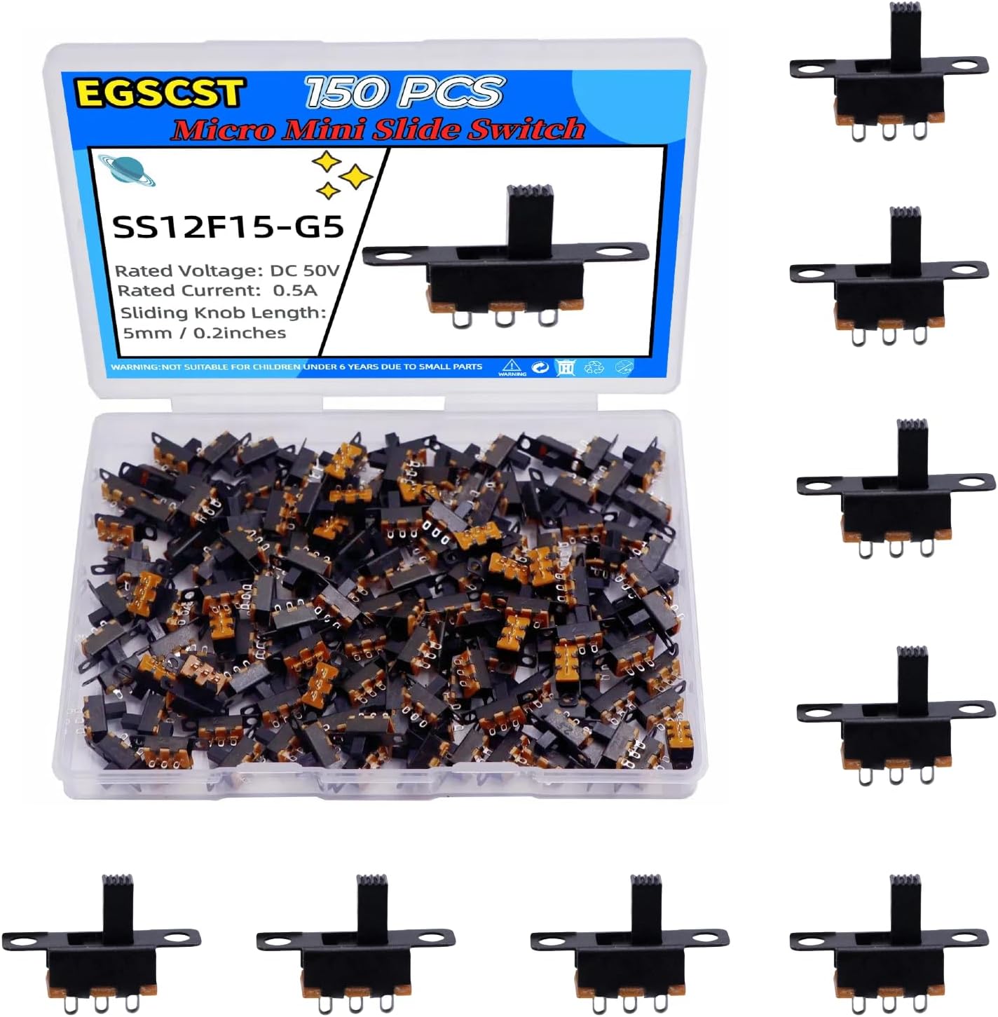 Micro Mini Slide Switch SPDT 1p2t Toggle Switch 2 Position 3 Pin On Off Dip Vertical Panel Mount High Knob for Arduino PCB Breadboard and Electronic Projects - SS12F15 5mm DC 50V 0.5A