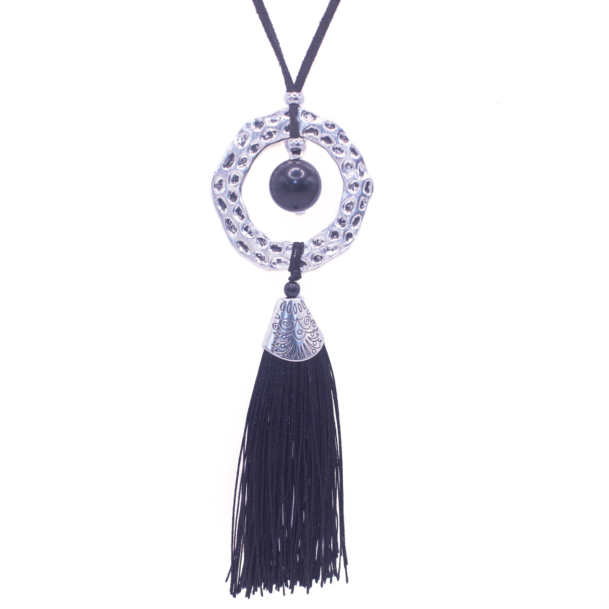 NILUXE DESIGN NILUXE DESIGN - Colgante Mujer Piedras Naturales - Colgante Plata Mujer - Collar largo con Piedras Naturales y borla de seda negra o marrón - Colgante Bohemio vintage estilo Hippie Chic (Obsidiana)
