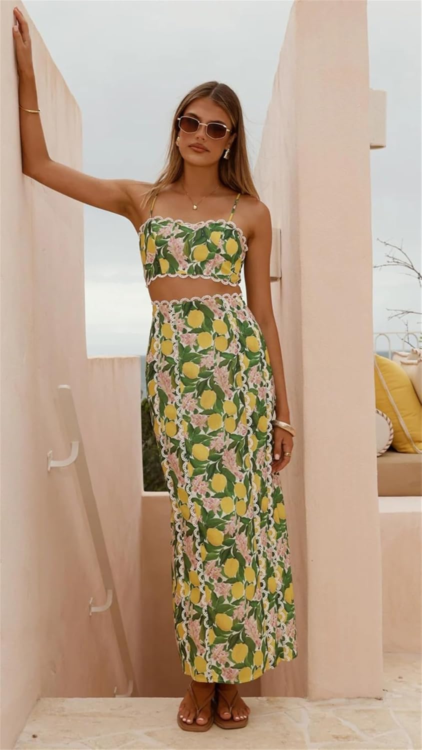 ksotutm Skirt Sets Women 2 Piece Outfits Sexy Two Pc Sleeveless Halter Crop Top Print Maxi Long Skirts - Image 3