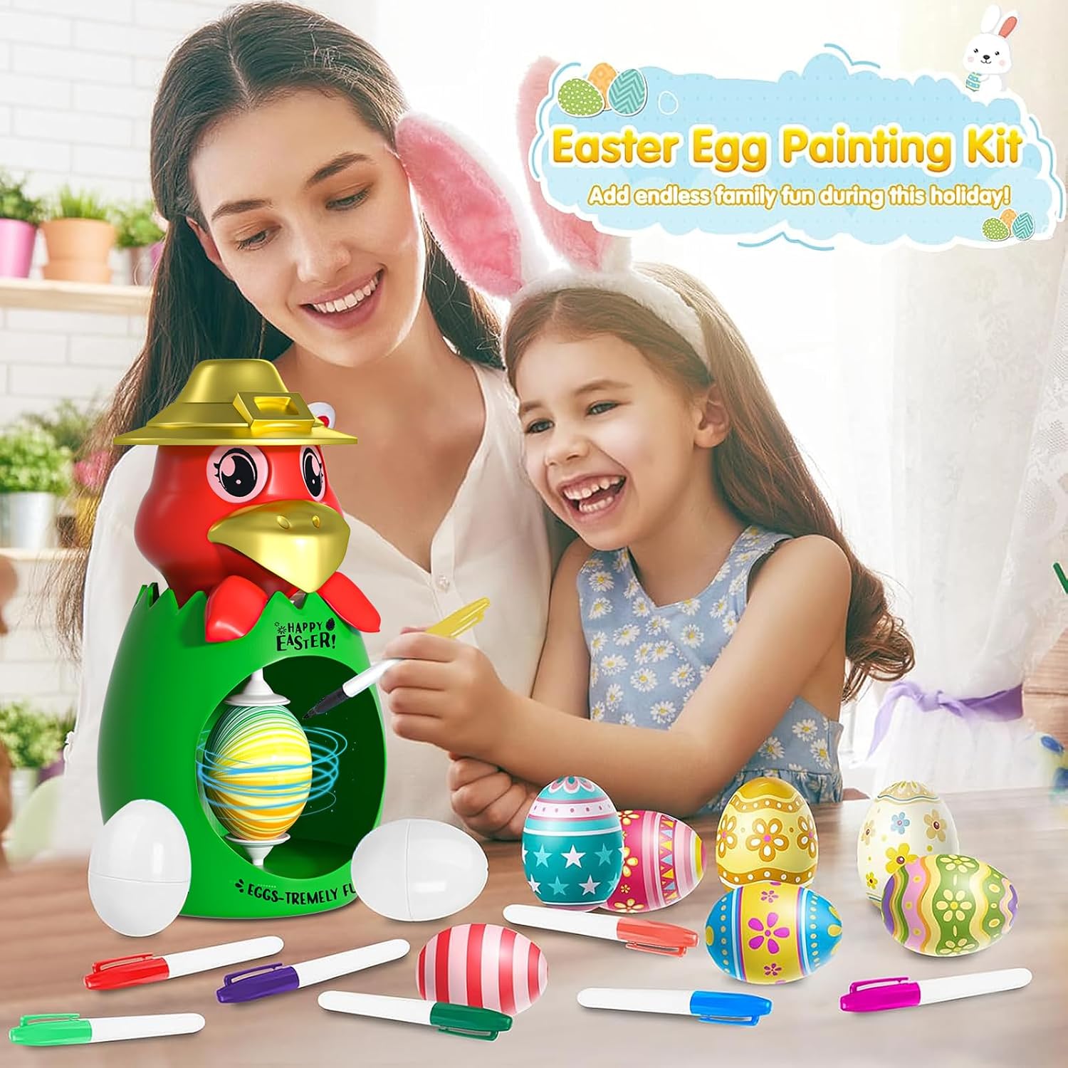 Haboqo Easter Egg Spinner Decorating Kit, DIY Easter Egg Coloring Kit with 8 Non-Toxic Markers 3 Plastic Fake Eggs, Easter Gifts for Kids Easter Basket Stuffers (Chicken)