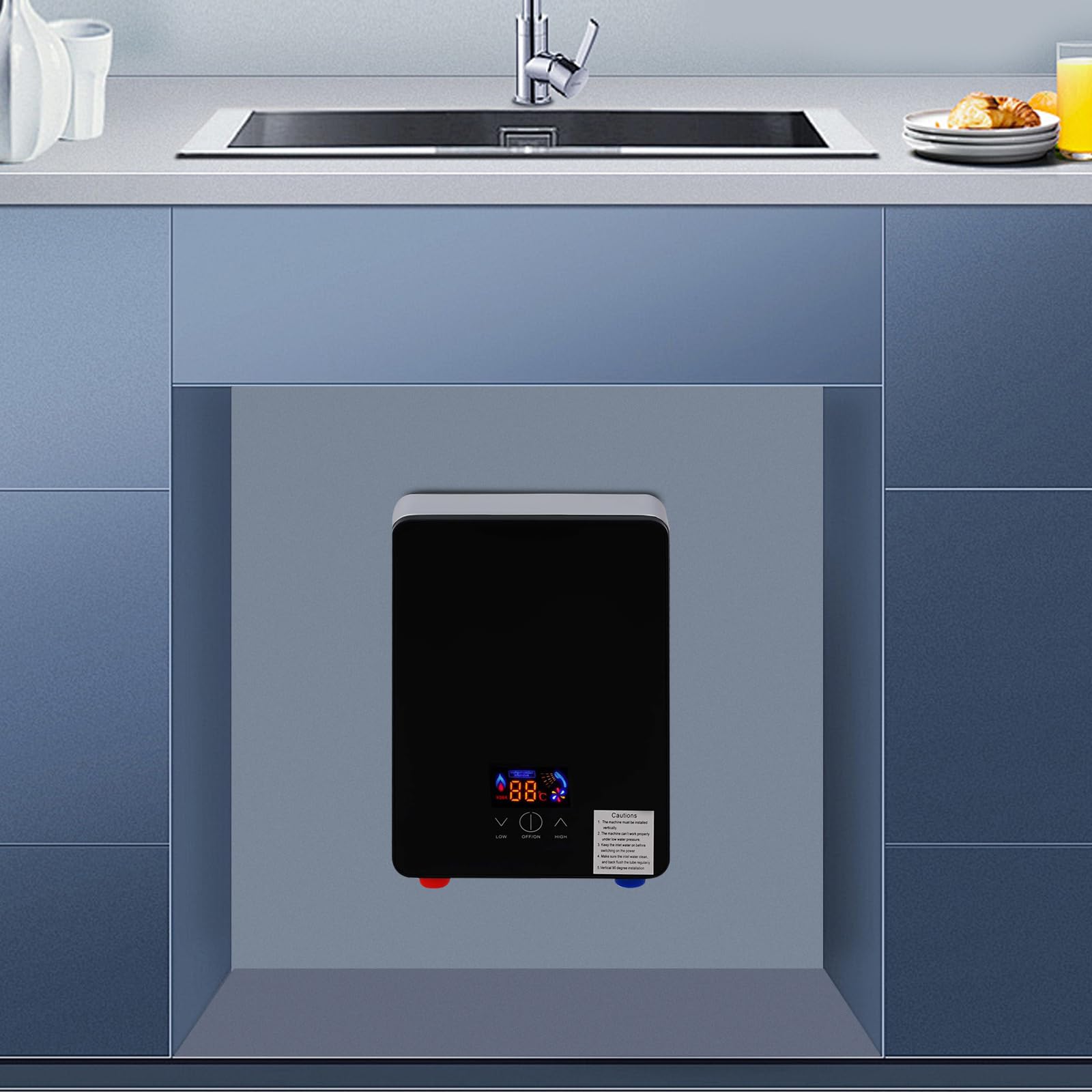 Calentador de agua eléctrico de 6500 W, 220 V, mini calentador de agua con cabezal de ducha, portátil, con indicador LED, sin depósito, calentador de agua para cocinas