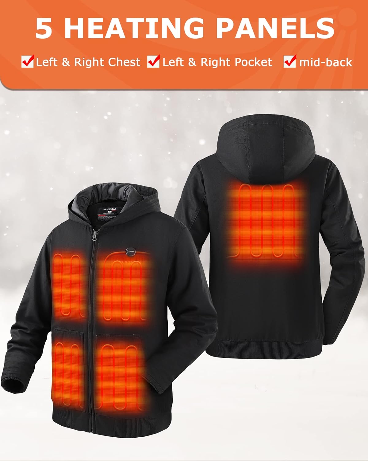 Venustas 12V Men's Dual-Control Heated Canvas Jacket with Battery, Winter Heated Hoodie - Image 3