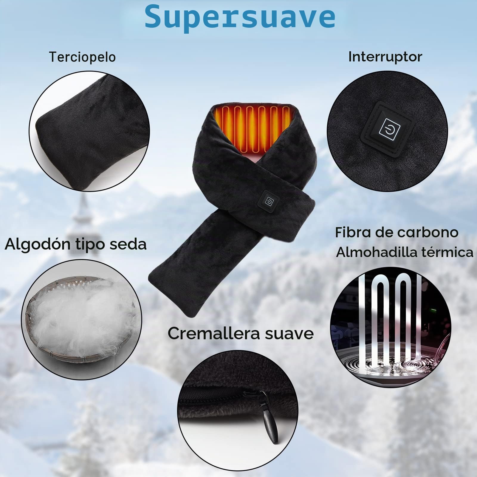 Bufanda térmica para mujer,calentador eléctrico para el cuello con banco de energía de 5000 mAh,bufanda calefactora recargable para mujeres y hombres,regalos navideños para mamá,mujeres,niños(negro)