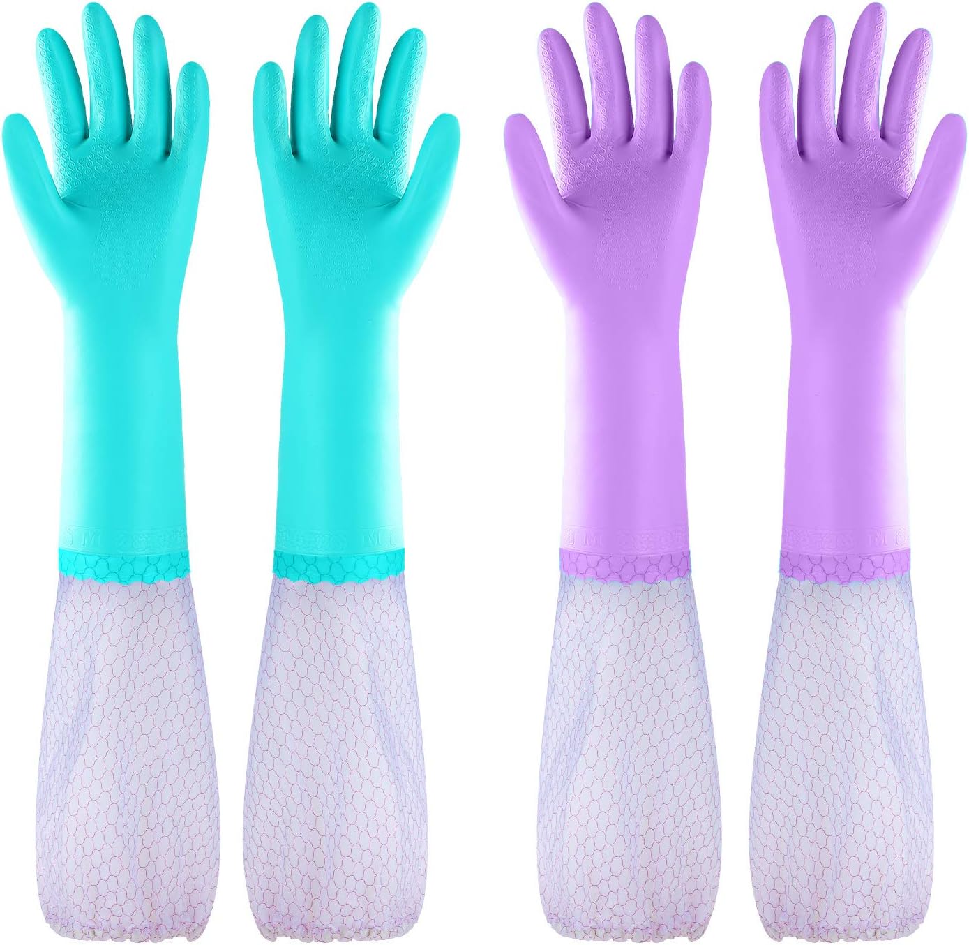 Reusable Long Sleeve Dishwashing Cleaning Gloves with Latex Free,Cotton Lining,Kitchen Gloves 2 Pairs,Purple+Blue M