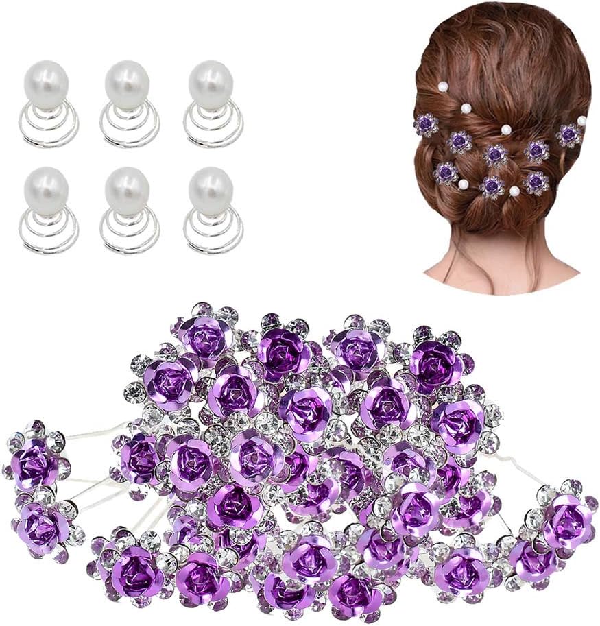 inSowni 40pcs Bridal Wedding Rhinestone Rose Flower U-shaped Hair Pins & 6pcs Twist Pearl Hairpins Headpiece Set in Gift Box for Women Girls Bridesmaid (Purple Set)