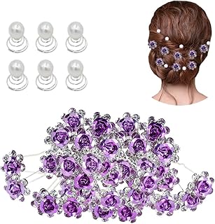 inSowni 40pcs Bridal Wedding Rhinestone Rose Flower U-shaped Hair Pins & 6pcs Twist Pearl Hairpins Headpiece Set in Gift Box for Women Girls Bridesmaid (Purple Set)