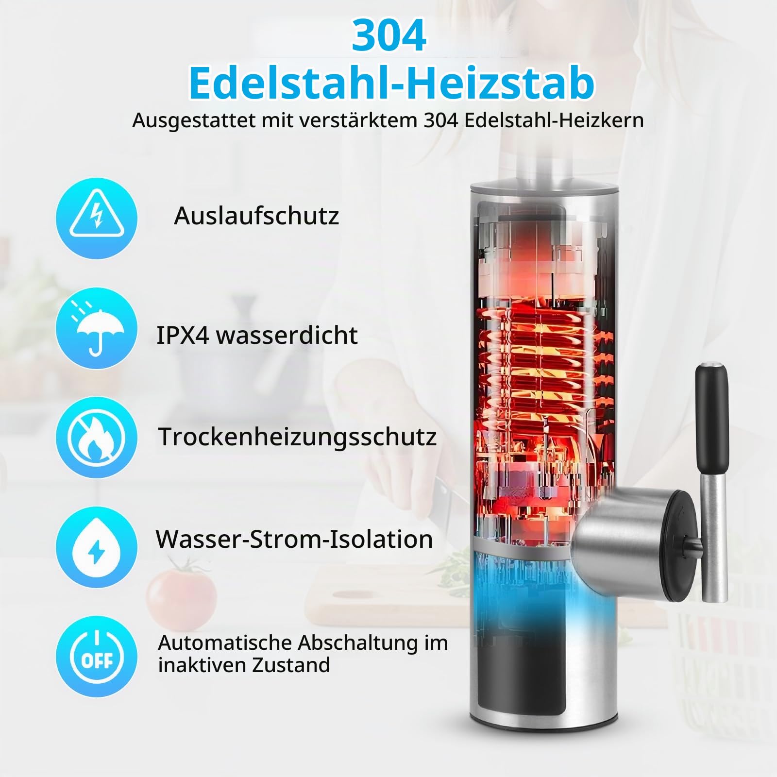 Elektrisch Wasserhahn mit Durchlauferhitzer 230V | LED Temperaturanzeige | 360º Misch Drehung Küchenarmatur | 304 Edelstahl Armatur, für Küche, Bad, Wohnwagen, Camping