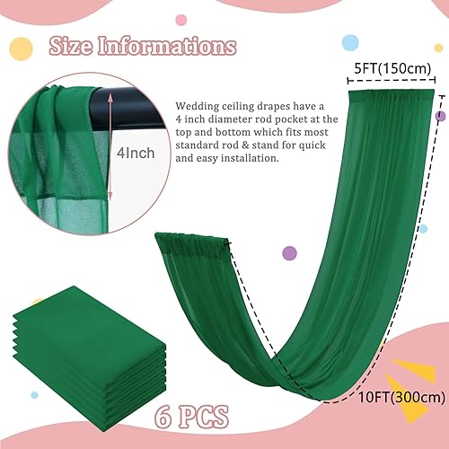 Miniatura 2 de FOTSHARER Cortinas de techo de gasa verde esmeralda, tela transparente de 5 x 10 pies, 6 paneles de tela drapeada de arco transparente, cortinas de