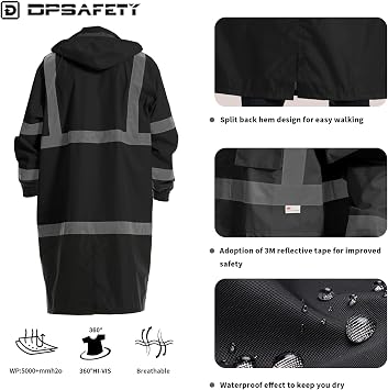 Hi Vis Rain Jacket with 3M Reflective Stripe,High Visibility Class 3 Rain coats,Safety Waterproof Rain Suits for Men with Hood and 2 Large Pockets construction work rain gear(Black S)