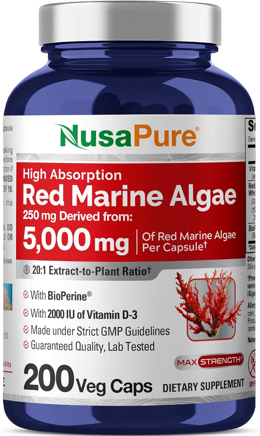 NusaPure Red Marine Algae 20:1 Extract, 250 mg Equivalent to 5,000 mg 200 Veggie Capsules (Non-GMO & Soy Free) Bioperine