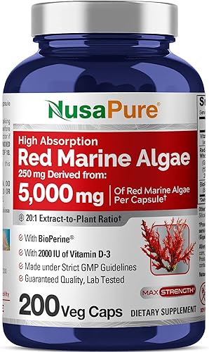Miniatura 1 de NusaPure Algas marinas rojas 5,000 mg 200 cápsulas vegetales (sin OMG y sin gluten) Bioperine
