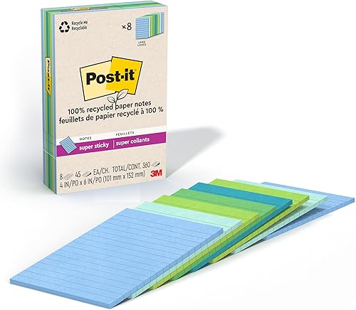 Post-it Notas superadhesivas de papel 100% reciclado, forradas, 4 pulgadas x 6 pulgadas, 8 blocs, 45 hojas por bloc, colección Oasis, suministros