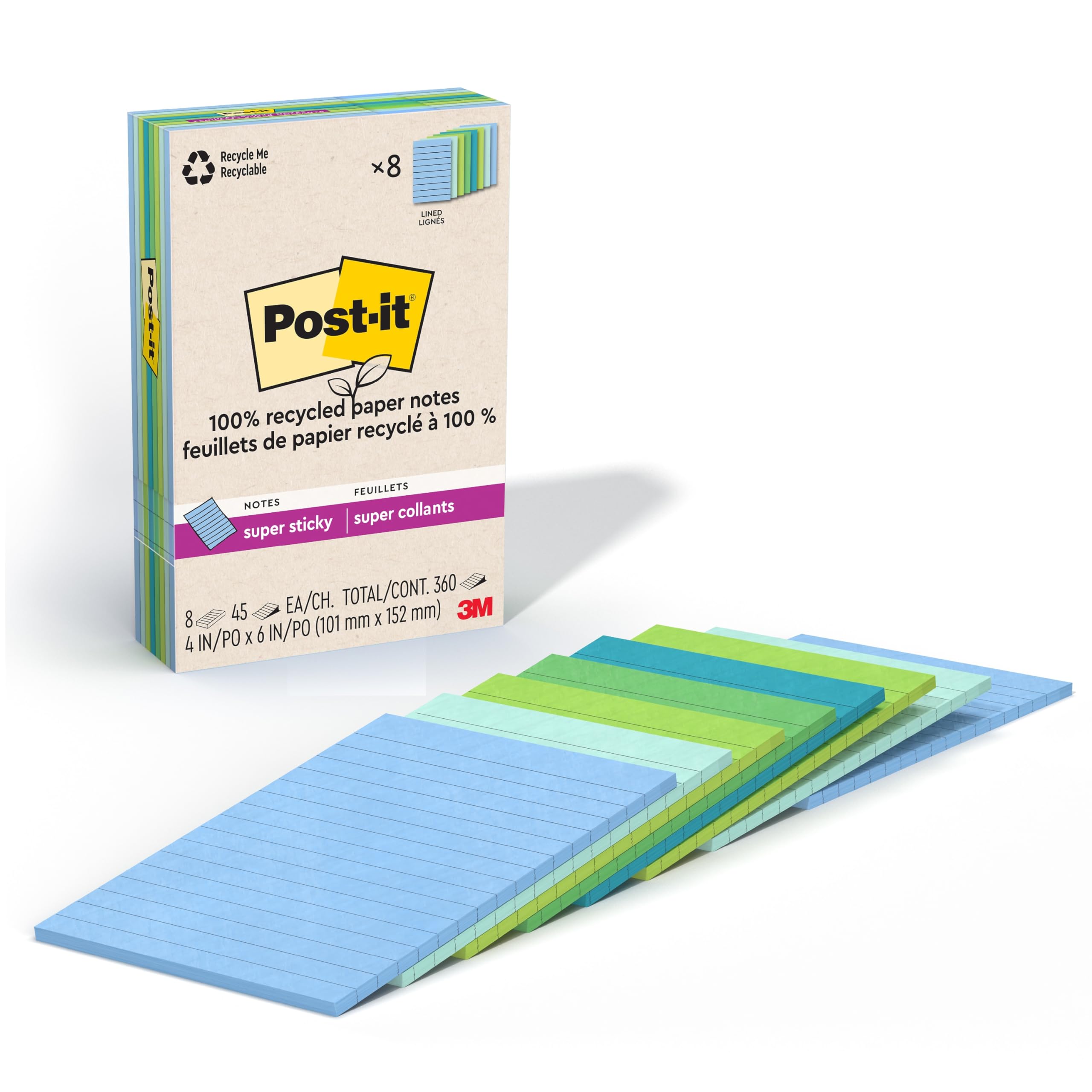 Post-it Super Haftnotizen, 100 % recyceltes Papier, liniert, 10,2 cm x 15,2 cm, 8 Blöcke, 45 Blatt pro Block, Oasis-Kollektion, Schulbedarf und Büroprodukte