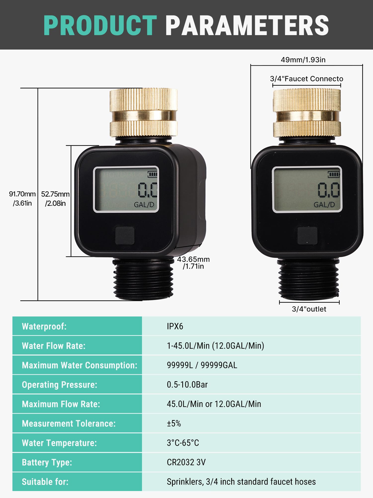 VOBOR Digitaler Wasserzähler 3/4 zoll, 4 Modi zur Kontrolle des Wasserverbrauchs, 180° Drehbarer Praktischer Wasseruhr mit Messing Einlass, Durchflussmesser für Wohnmobile, Gartenschläuche, Sprühdüsen