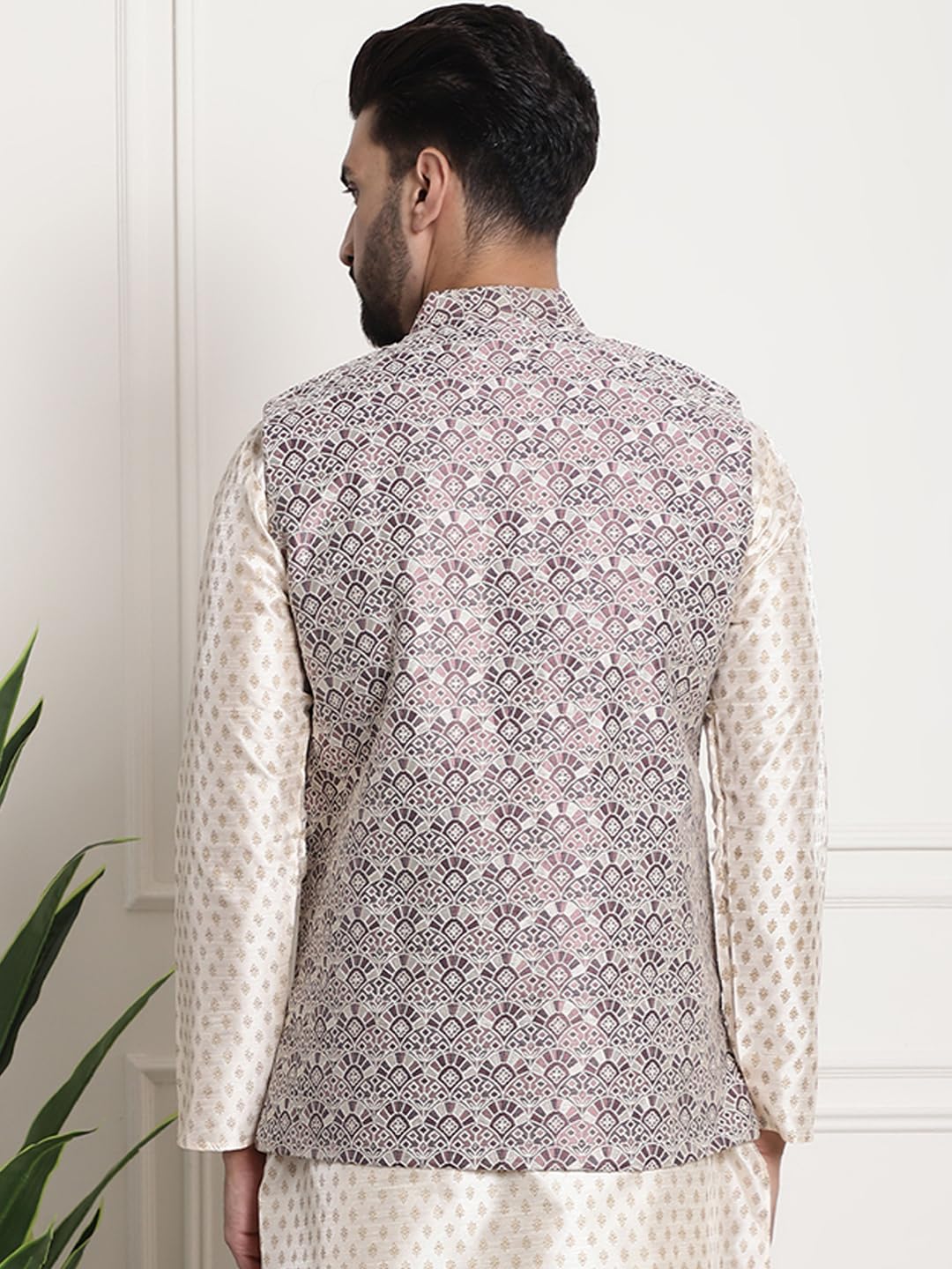 Sojanya (Since 1958 Men's Jacquard Silk, Wine Color Nehru Jacket