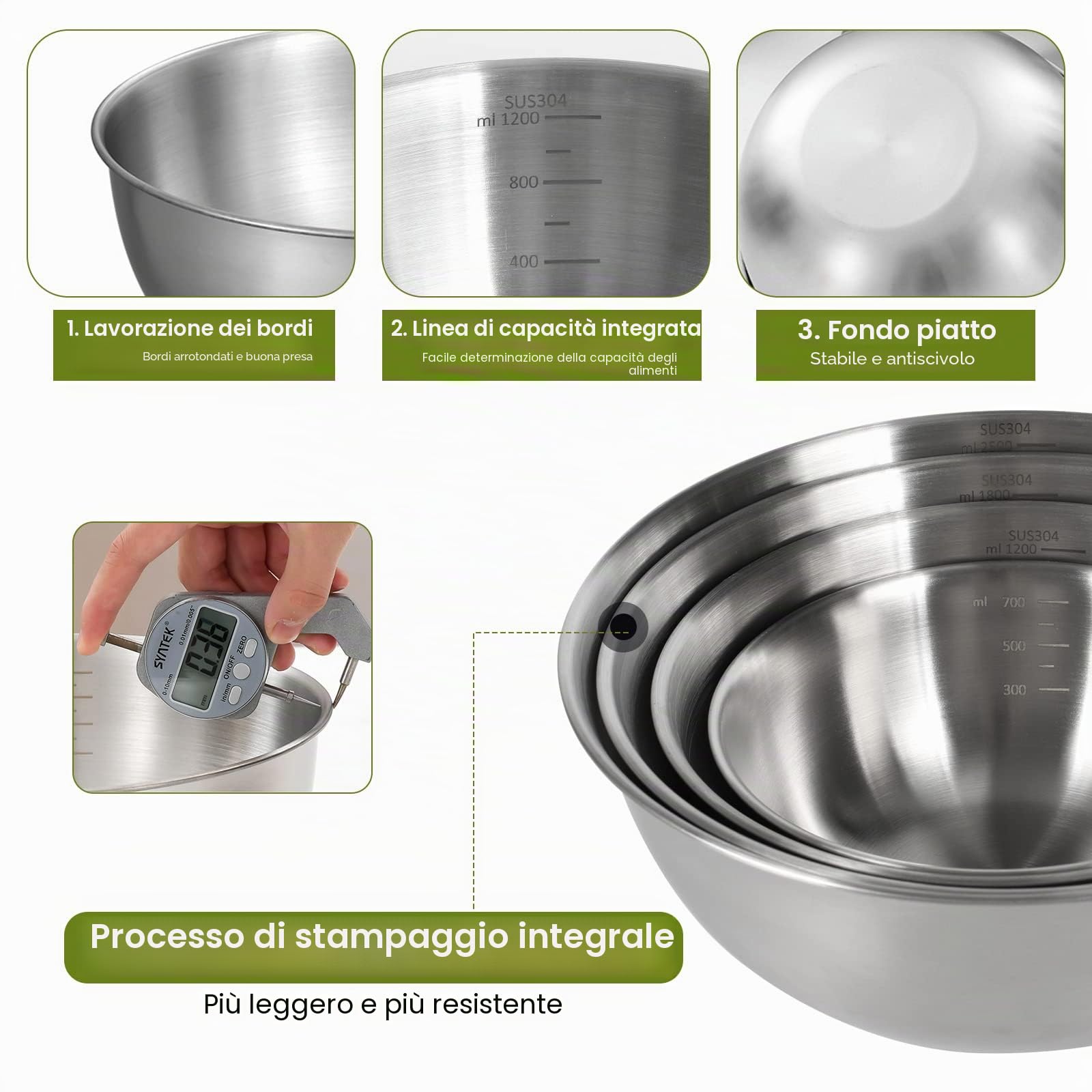 Set di 4 Ciotole Acciaio Inox Cucina con 4 Dimensioni (0,7 l/ 1,2 l/ 1,8 l/ 2,5l) Impilabili e Lavabili in Lavastoviglie