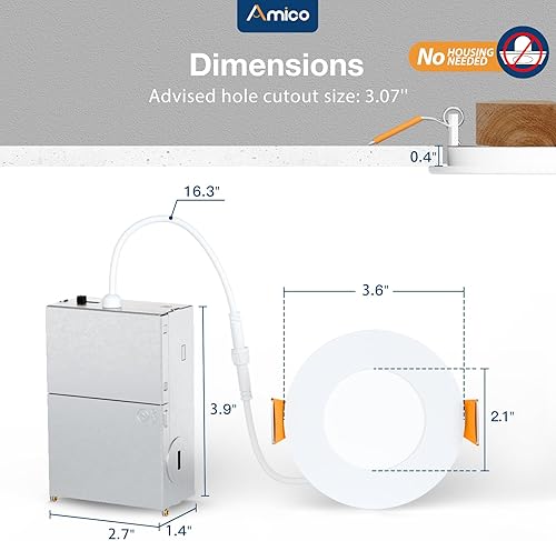 Miniatura 4 de Amico 6 Pack 3 Inch 5CCT Ultra-Thin LED Recessed Ceiling Light with Junction Box, 2700K3000K3500K4000K5000K Selectable, 7W Eqv 60W 500LM Brightness