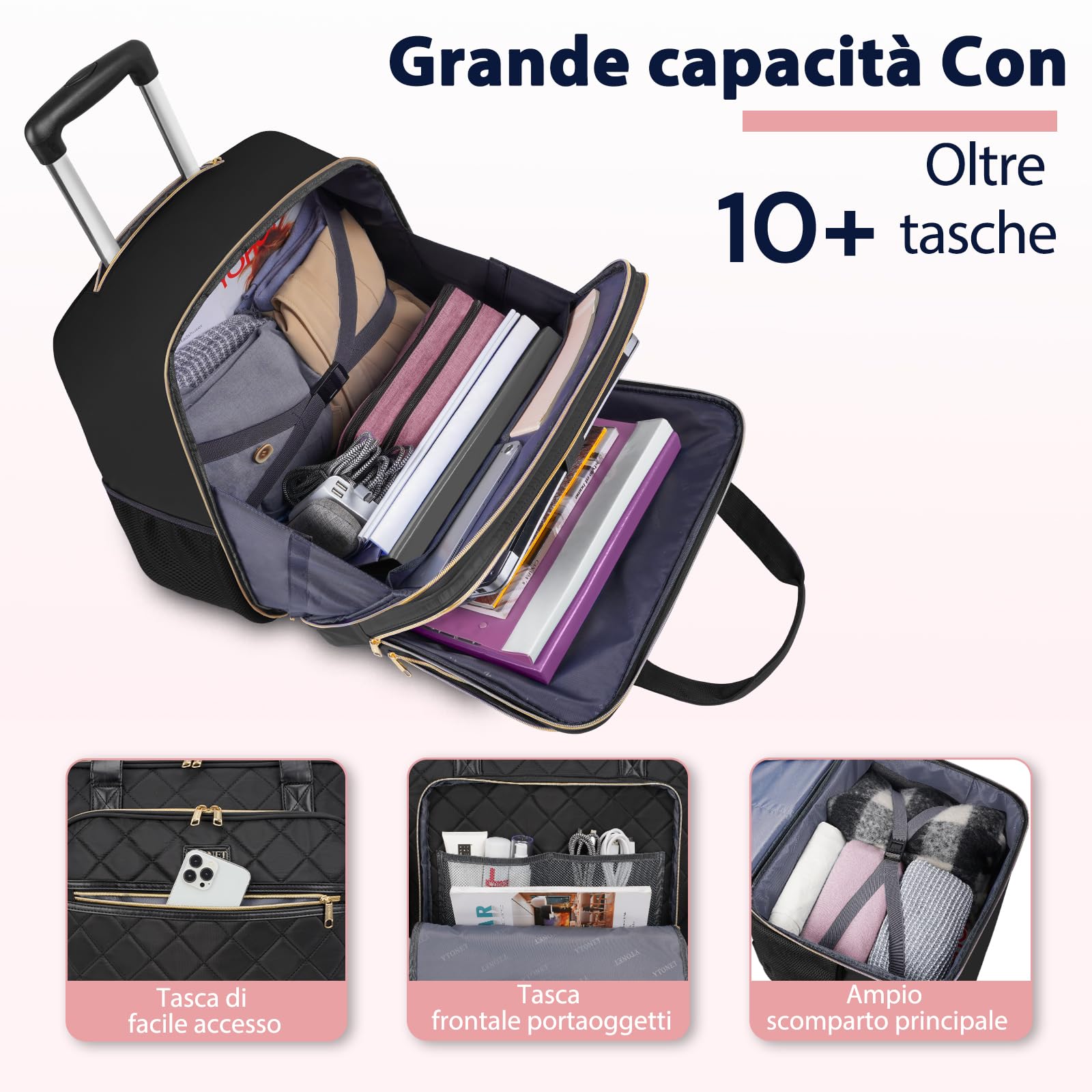 Ytonet Business Trolley per Donna, Valigetta con Ruote per Laptop 17,3 Pollici, Impermeabile Borsa per Laptop da Viaggio, Grande Pilotina Trolley per Vacanza Ufficio Lavoro Scuola College, Nero