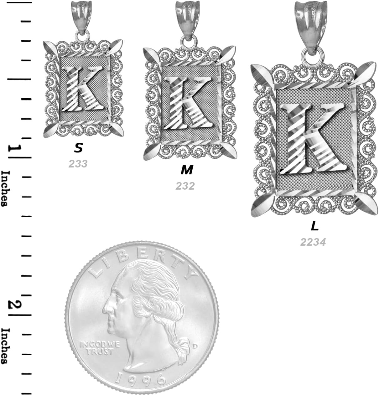 LA BLINGZ Sterling Silver Filigree Alphabet Letter 'K' Initial Personalized Charm Pendant (S/M/L)