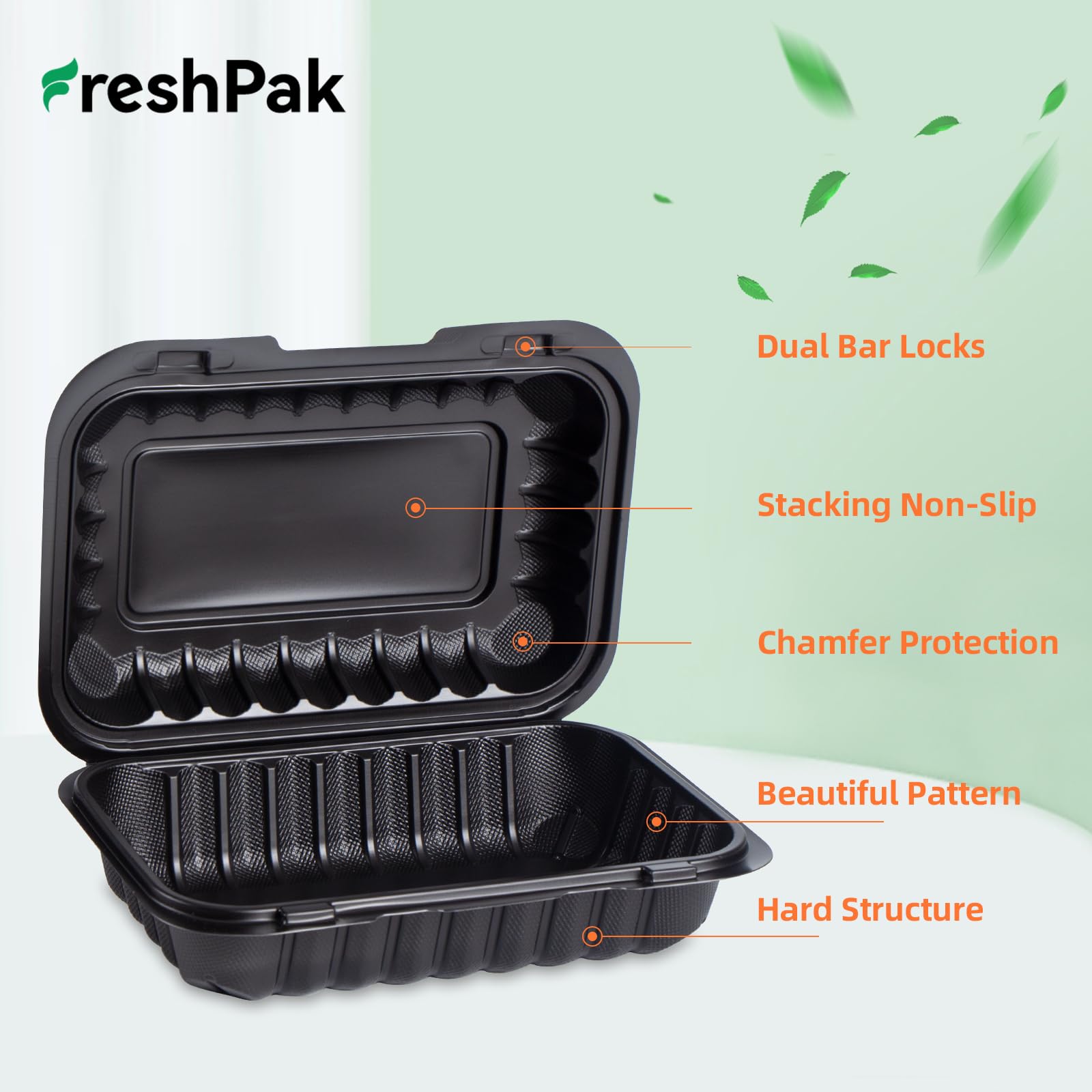 FRESHPAK Contenedores para llevar, de plástico negro de 27 onzas, paquete de 50 unidades, reutilizables, sin BPA, resistentes, con bisagras, desechables, con tapas para preparar comidas y llevar