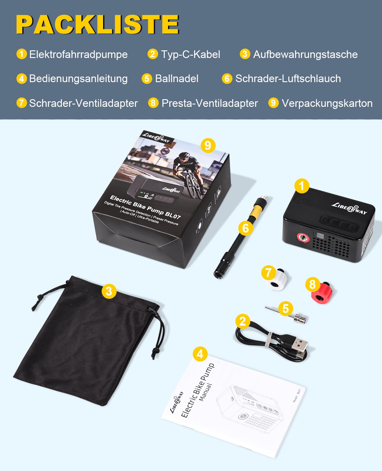 LIBERRWAY Mini Fahrradpumpe, Elektrische Fahrradluftpumpe mit Manometer, 120PSI(4 Maßeinheiten), Presta und Schrader-Ventil, Auto-Off & LED Licht, für Rennrad Mountainbike und Stadtrad