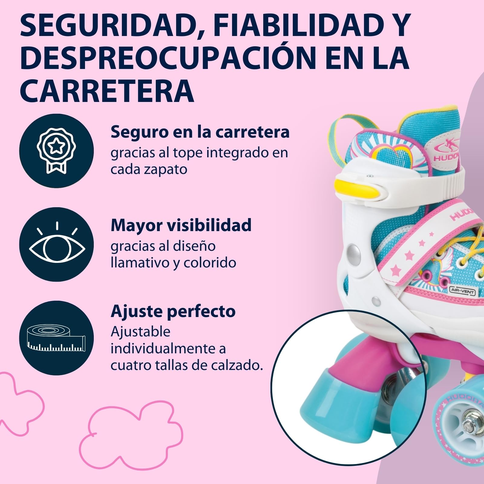 HUDORA Wonders Patines en diferentes tallas - cómodos patines ajustables para niños en más de 4 tallas - elegantes patines para niños hasta 60 kg - patines de ruedas de alta calidad hechos de nylon