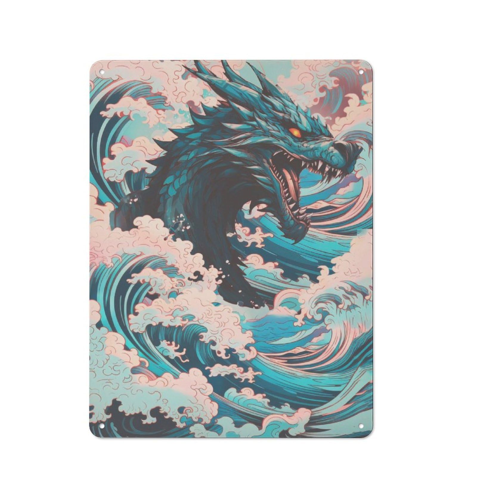 Junmoney Kanagawa Dragon Asian Retro Tin Wall Plaque 40X30cm For Man Cave Or Games Room, A Decorative Christmas Gift For Man Cave Decor Fans