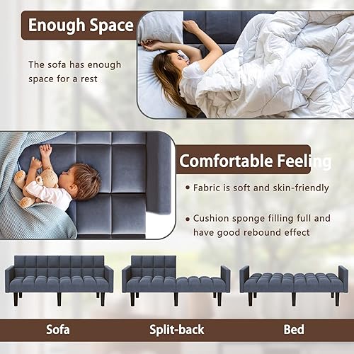 Miniatura 5 de YESHOMY Sofá cama futón tapizado moderno convertible con almohada cilíndrica, adecuado para dormitorio, apartamento, dormitorio, estilo retro, azul