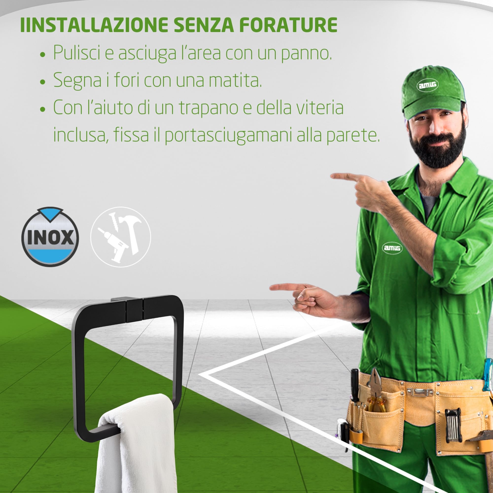 Amig - Portasciugamani da bagno Mod. Oma-4 | Supporto da parete per asciugamani Con viti incluse | 200 x 175 x 30 mm | Zamak | Nero opaco