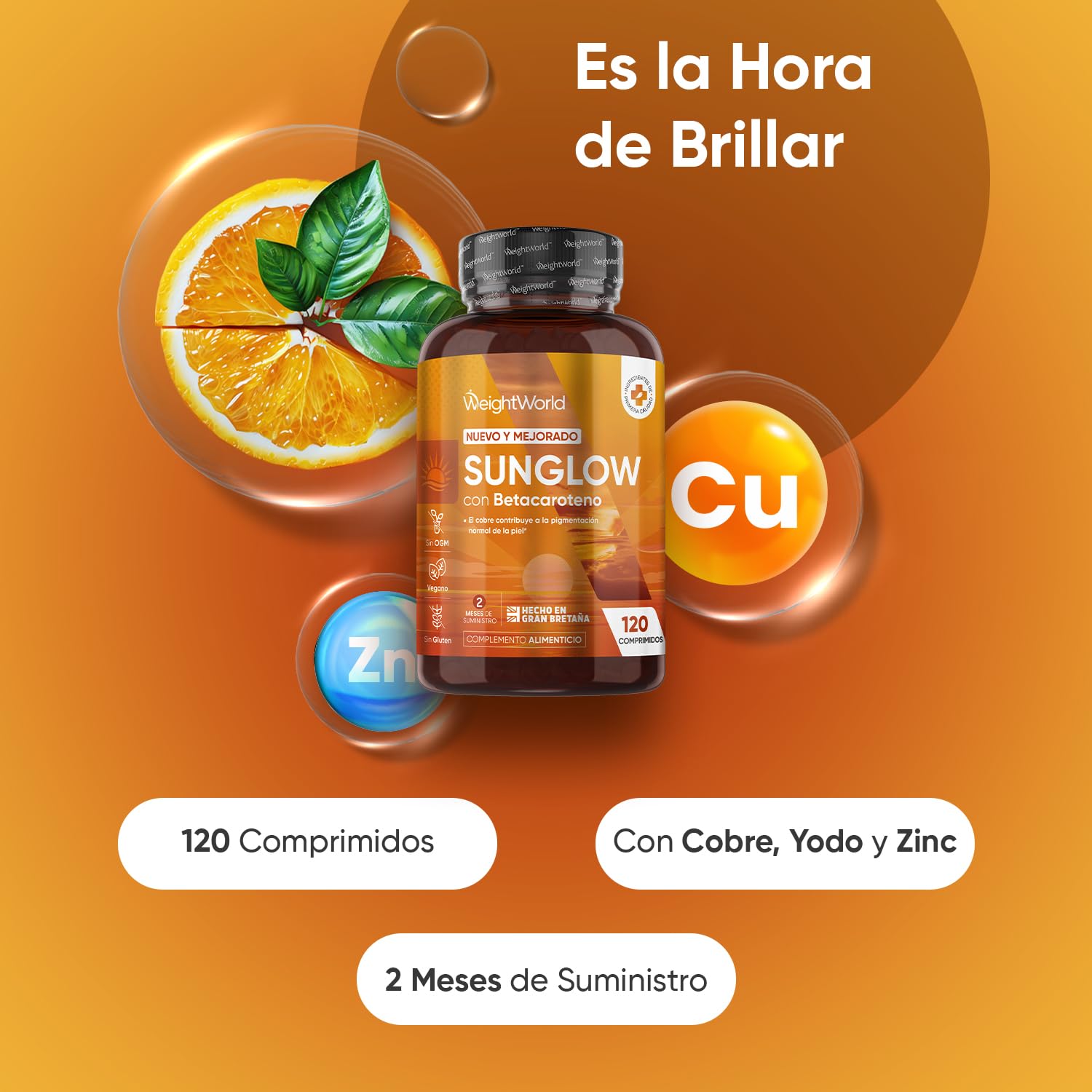 Sunglow Betacaroteno Complex - 120 Comprimidos con Zinc, Yodo, Vitamina B2 y B3 - Con Cobre que Contribuye a la Pigmentación Normal de la Piel (EFSA) - Apto para Veganos - 2 Meses de Suministro