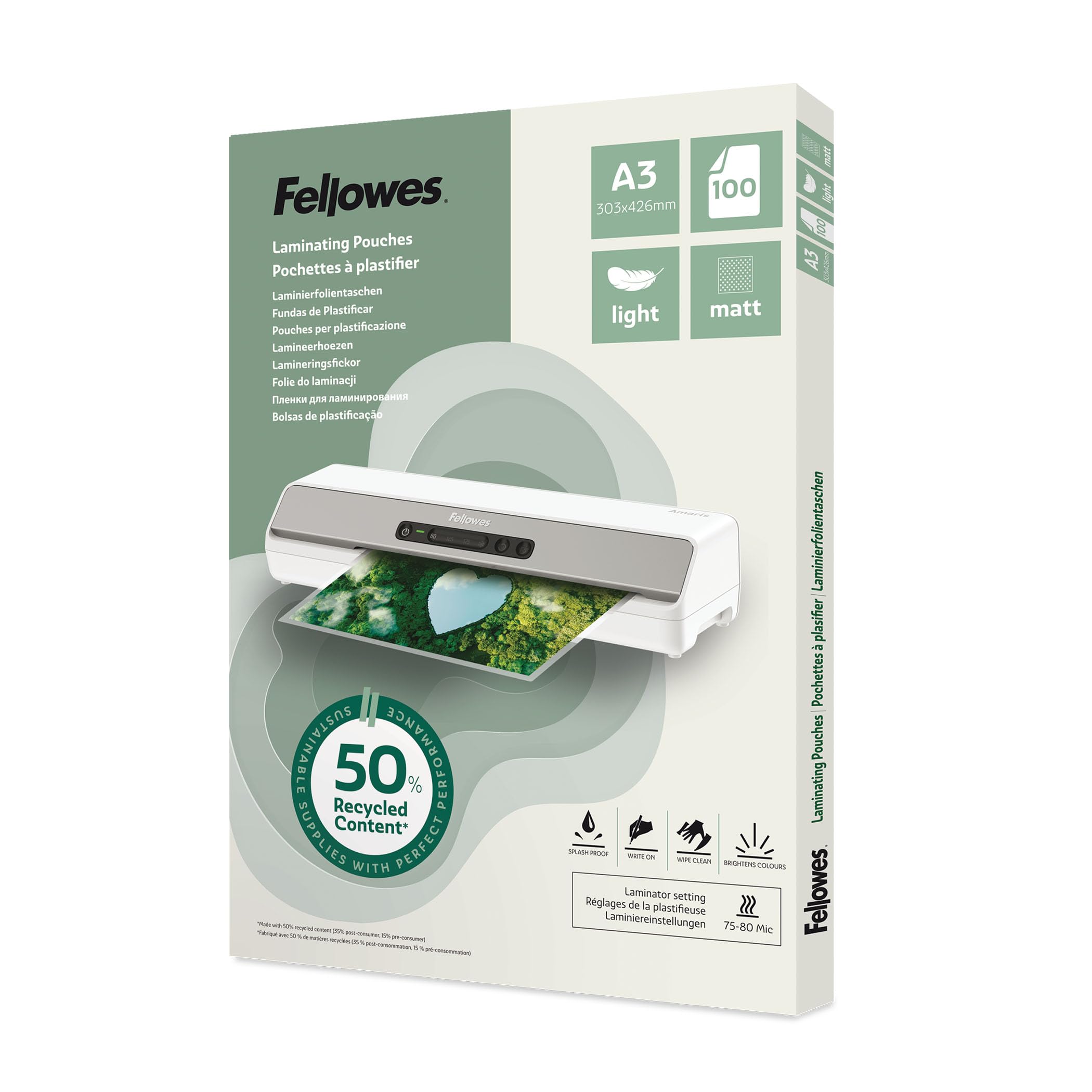 Fellowes A3 Laminating Pouches โ 100 Pack, Matt Finish, Light Duty 75/80 Micron, 50% Recycled Content โ Lamination for Teachers & Offices