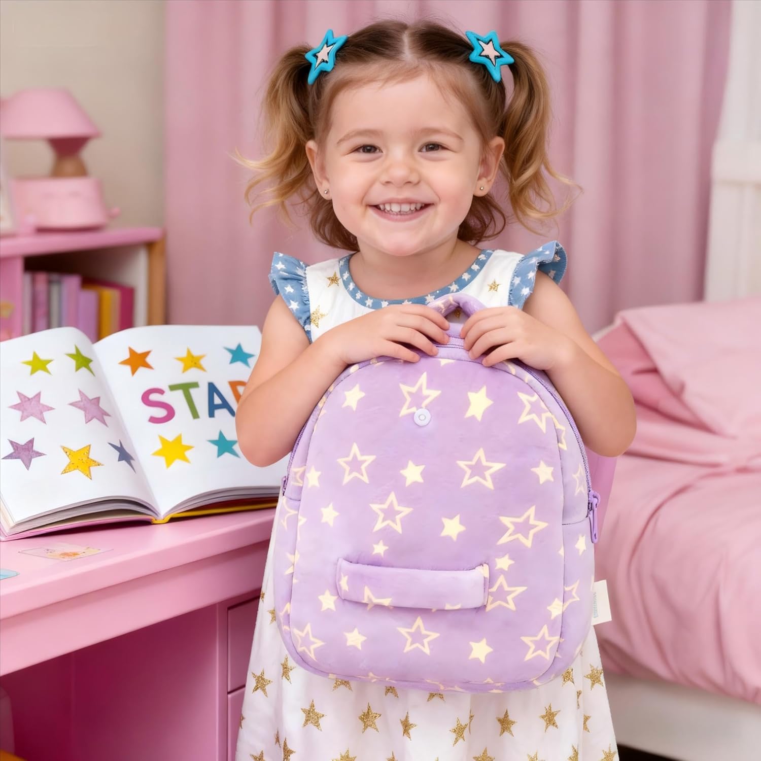 Gloveleya Toddler Backpacks Baby Girl Gifts Curly Hair Plush Figures Dress Backpack Kids Backpack Curly Hair Spring Girl - Black Head Purple Star 9inches - Image 6