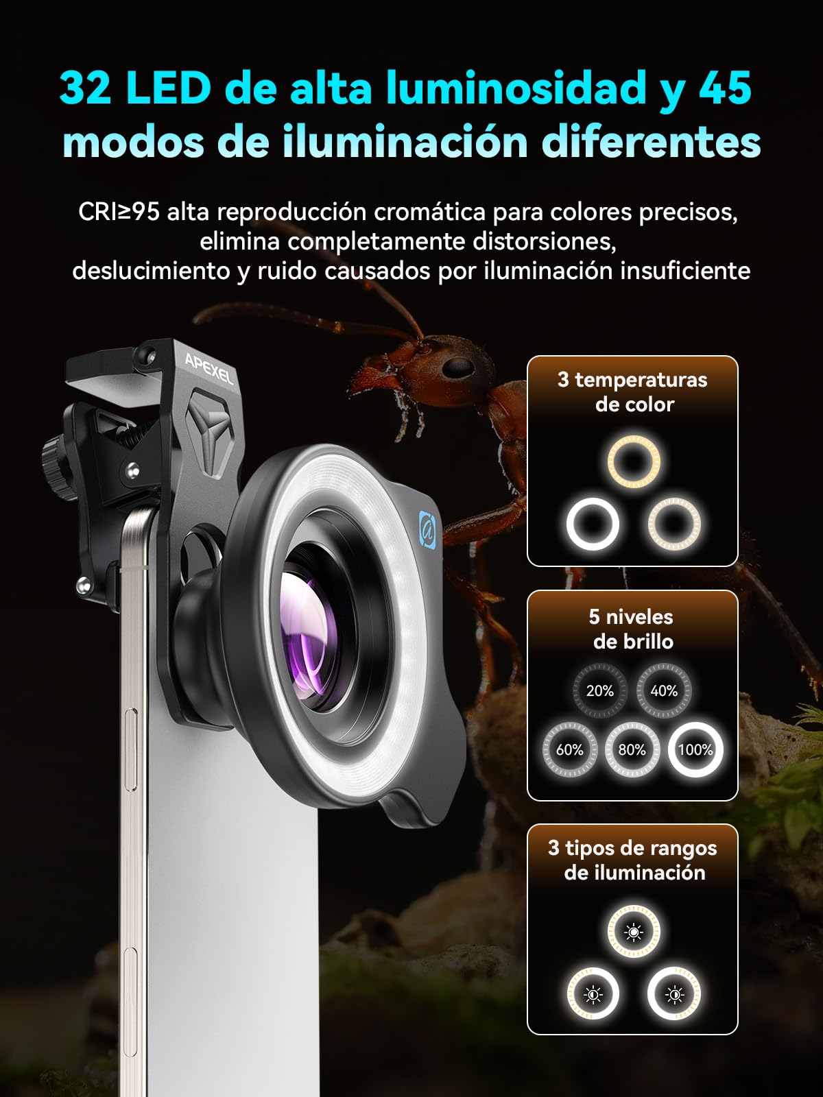 APEXEL 100Ultra - Lente teléfono móvil con luz de Anillo, versión Mejorada del Lentes Macro para Samsung,iPhone,Pixel