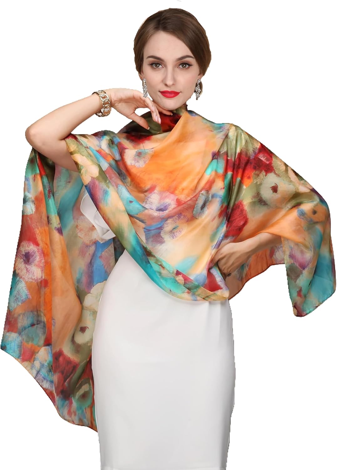Women's 100% Mulberry Silk Scarf Lightweight Long Floral Print Neck Scarf, Beach Wrap & Travel Photography Shawl Gift
