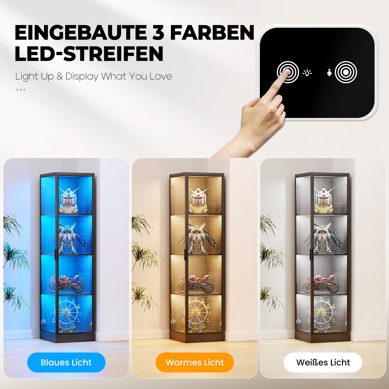 BROTTAR Vitrine mit LED Beleuchtung, Acryl Vitrine mit Menschlicher Sensor, Regal mit türen für Sammlervitrine Und Wohnzimmer Schlafzimmer, Eckschrank Schwarz
