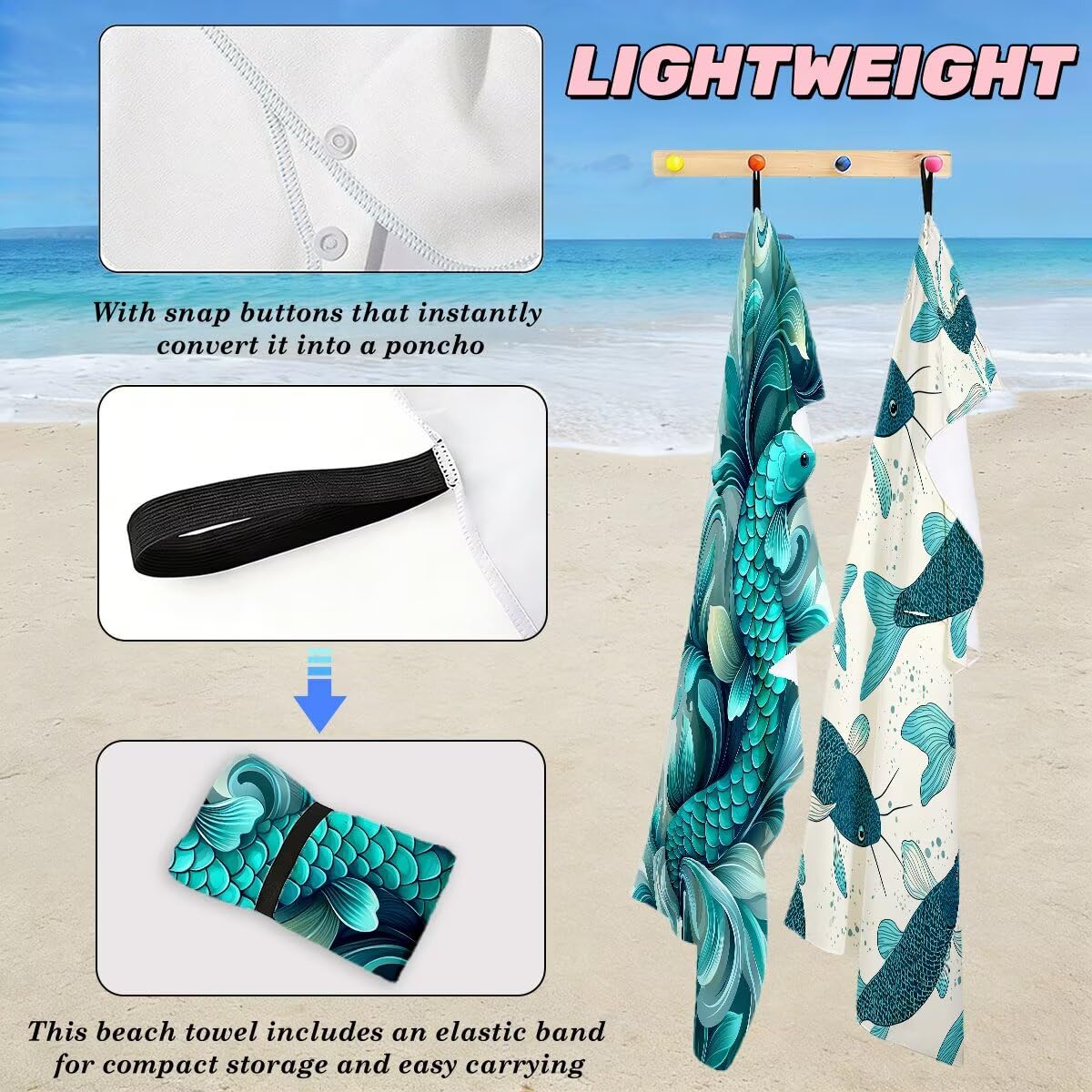 Toalla Playa 100x220 cm, Toalla Gimnasio Microfibra Secado Rapido, Juego de 2 Antiarena Toallas de Playa, Ligera Compacta Toallas Microfibra Grande para Viaje, Regalo Hombre Regalo Mujer (Pez) -5143