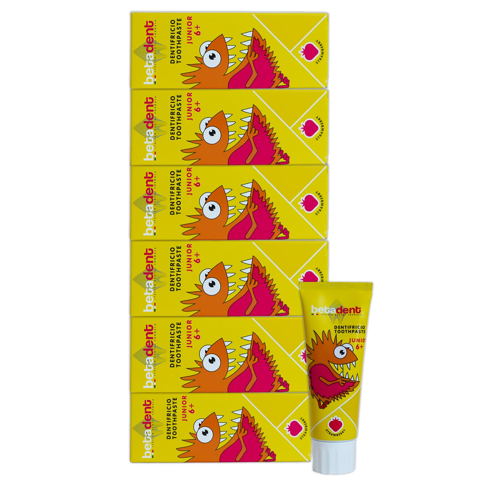 Betadent Rosa/Rot Transparent Set Mit 6 Zähnen Junior 6 + Erdbeere Für Kinder Ab 6 Jahren. Natürliche Formulierung, Anti-Plaque Und Anti-Karies. Ausgewogene Dosierung Von Fluorsalzen Bei Einer Konzentration Von 950 Ppm F.
