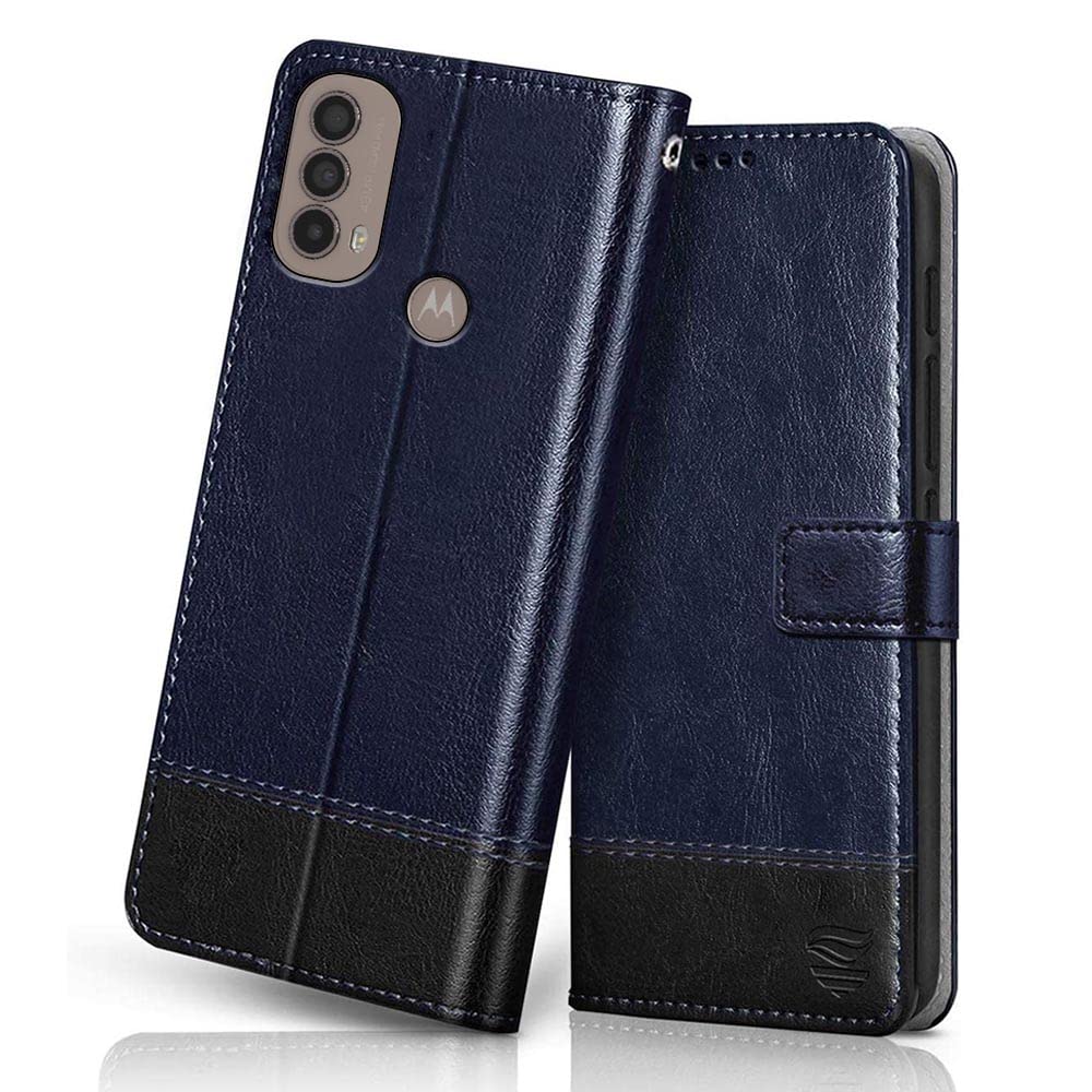 FLIPPED Vegan Leather Flip Case Back Cover for Motorola Moto E30 | E40 (Flexible, Shock Proof | Hand Stitched Leather Finish | Card Pockets Wallet & Stand | Blue with Black) (B09S3QQP5C) Amazon Price History, Amazon Price Tracker
