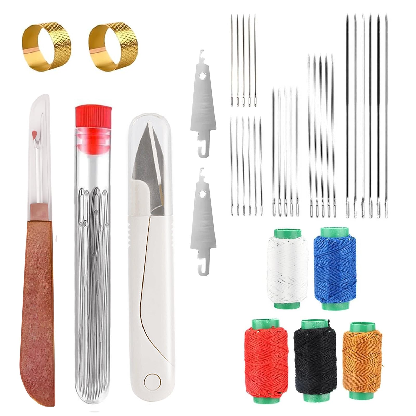 42PCS Sewing Needles Large Eye Set, Portable Needle and Thread Kit StainlessSteel Hand Sewing Needle with Small Scissors 30 Large Eye Needles 5 Thread 2 Needle Threader 2 Thimble & Thread Ripper Tools
